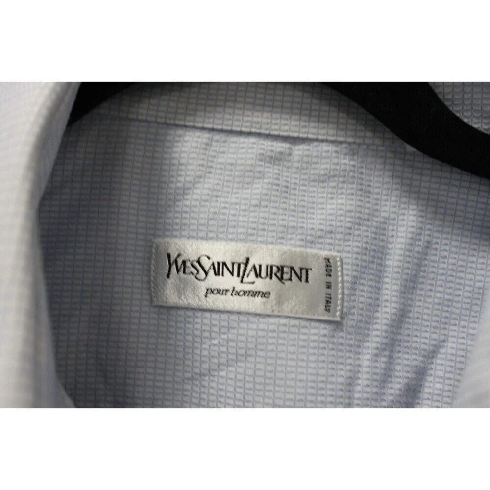Yves Saint Laurent Mens Button Up Dress Shirt Blue and White Check 16.5 / 42
